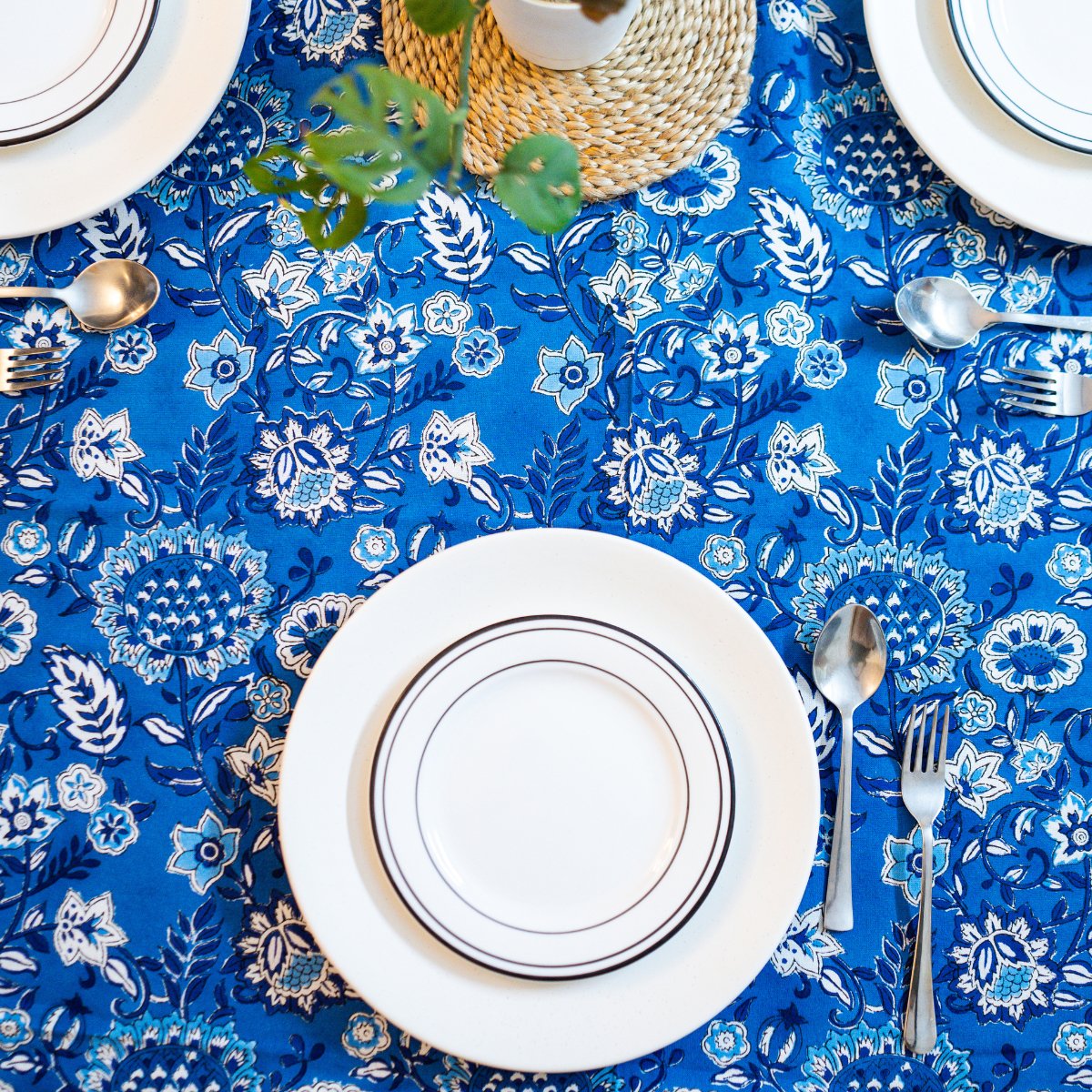 Cobalt 6 Seater Dining Table Cover, Block Print, 100% Cotton, 60" x 90" - Coral Slub -